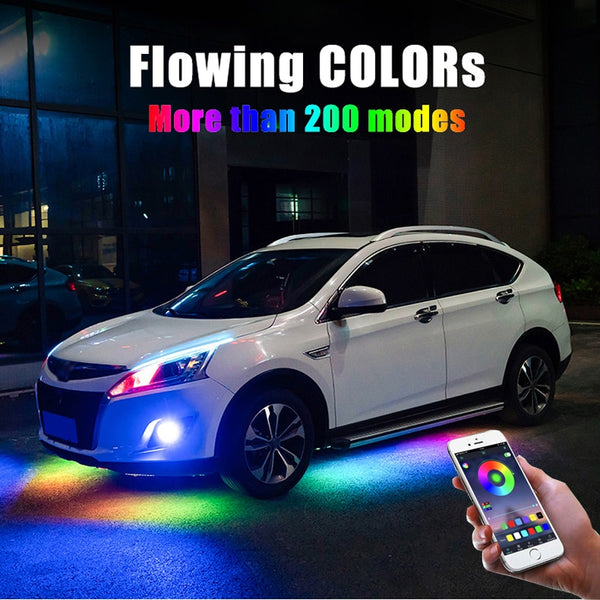 4PCS 12V IP65 App Control Flowing Color RGB LED Strip Under Car 90 120 180 Tube Underglow Underbody System Neon Light