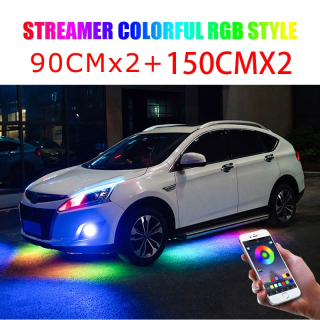 4PCS 12V IP65 App Control Flowing Color RGB LED Strip Under Car 90 120 180 Tube Underglow Underbody System Neon Light