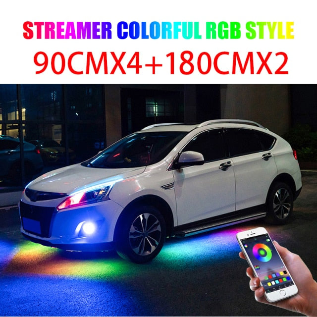 4PCS 12V IP65 App Control Flowing Color RGB LED Strip Under Car 90 120 180 Tube Underglow Underbody System Neon Light