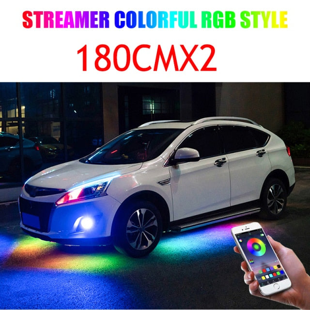 4PCS 12V IP65 App Control Flowing Color RGB LED Strip Under Car 90 120 180 Tube Underglow Underbody System Neon Light