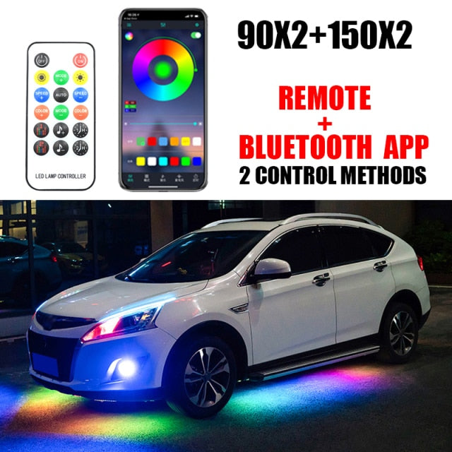 4PCS 12V IP65 App Control Flowing Color RGB LED Strip Under Car 90 120 180 Tube Underglow Underbody System Neon Light
