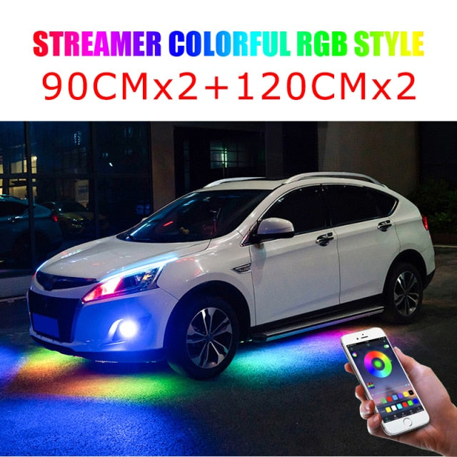 4PCS 12V IP65 App Control Flowing Color RGB LED Strip Under Car 90 120 180 Tube Underglow Underbody System Neon Light