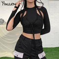 Yiallen Women Spring Casual High Street Stretch Slim Hollow Out Sexy Mini Bodycon Dresses 2021 New Simple Solid Black Dresses