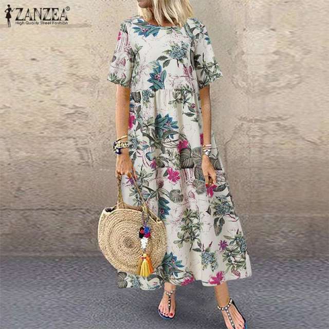 ZANZEA Fashion Summer Maxi Dress Women's Printed Sundress Casual Short Sleeve Vestidos Female High Waist Robe Femme