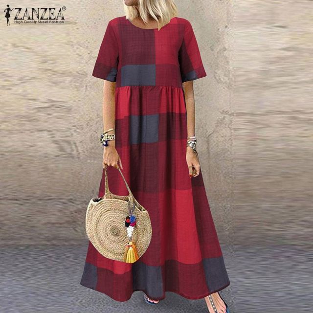 ZANZEA Fashion Summer Maxi Dress Women's Printed Sundress Casual Short Sleeve Vestidos Female High Waist Robe Femme