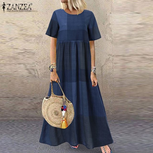 ZANZEA Fashion Summer Maxi Dress Women's Printed Sundress Casual Short Sleeve Vestidos Female High Waist Robe Femme