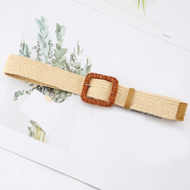 Vintage Boho Braided Waist Belt Summer Solid Female Belt Round Wooden Smooth Buckle Fake Straw Wide Belts For Women Hot Sale