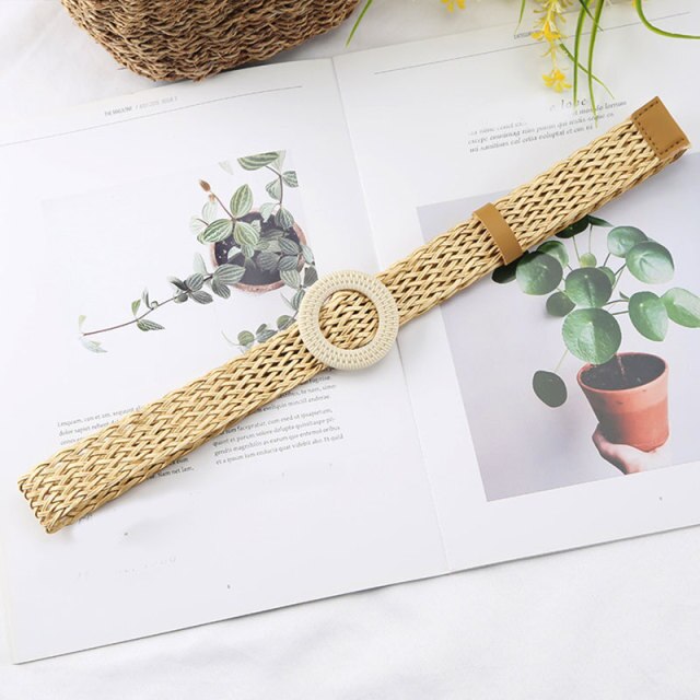 Vintage Boho Braided Waist Belt Summer Solid Female Belt Round Wooden Smooth Buckle Fake Straw Wide Belts For Women Hot Sale