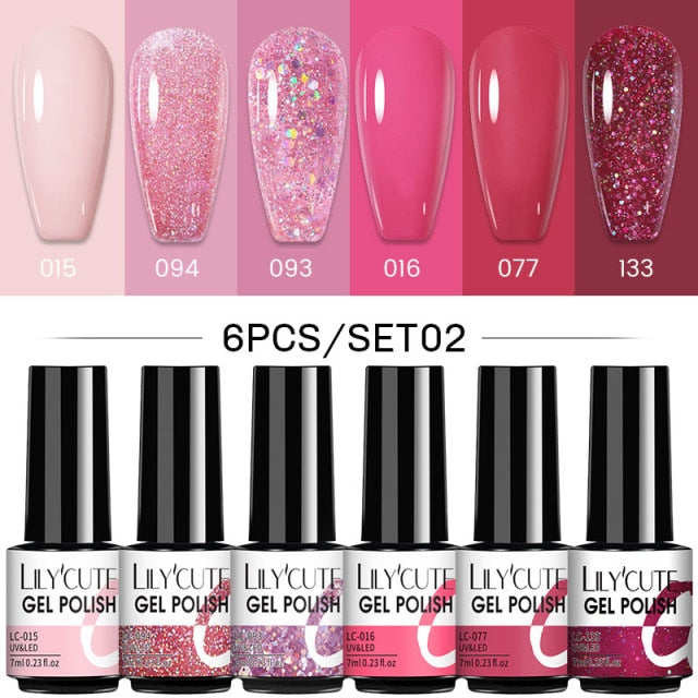 LILYCUTE 2/4/6 Pcs Gel Nail Polish Set 136Color Glitter Semi Permanent Hybrid Gel Varnish Base Top Coat Soak Off UV LED Nail Art