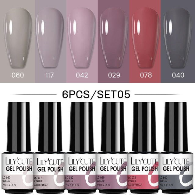 LILYCUTE 2/4/6 Pcs Gel Nail Polish Set 136Color Glitter Semi Permanent Hybrid Gel Varnish Base Top Coat Soak Off UV LED Nail Art