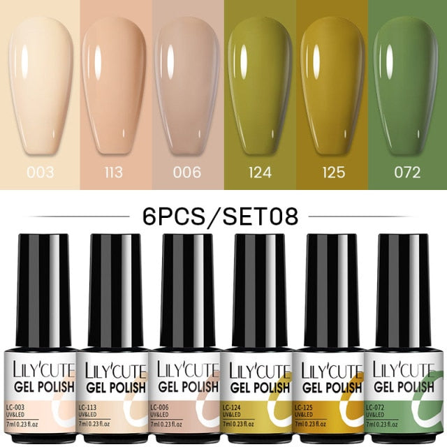 LILYCUTE 2/4/6 Pcs Gel Nail Polish Set 136Color Glitter Semi Permanent Hybrid Gel Varnish Base Top Coat Soak Off UV LED Nail Art