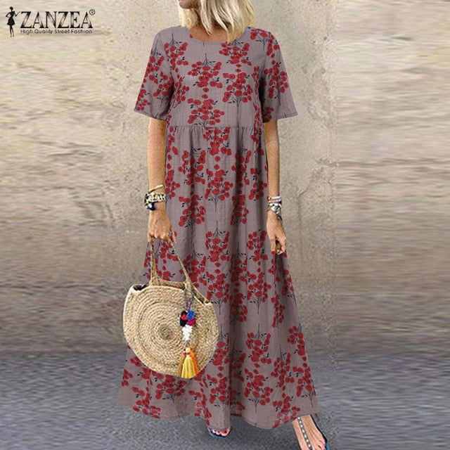 ZANZEA Fashion Summer Maxi Dress Women's Printed Sundress Casual Short Sleeve Vestidos Female High Waist Robe Femme