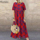 ZANZEA Fashion Summer Maxi Dress Women's Printed Sundress Casual Short Sleeve Vestidos Female High Waist Robe Femme