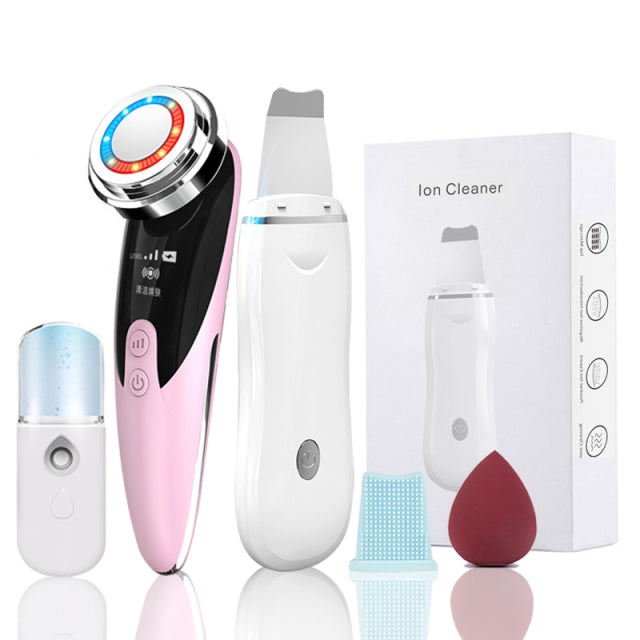 Ultrasonic Skin Scrubber Pore Cleaner 2+4 Kit Facial Ion Shovel Deep Face Cleaning Sonic Peeling Device Kit Blackhead Remover