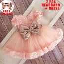 Infant Sequin Bow Dress for Girl Baby Christening First 1st Birthday Dress Party Baptism White Dresses for Baby Toddler Vestido