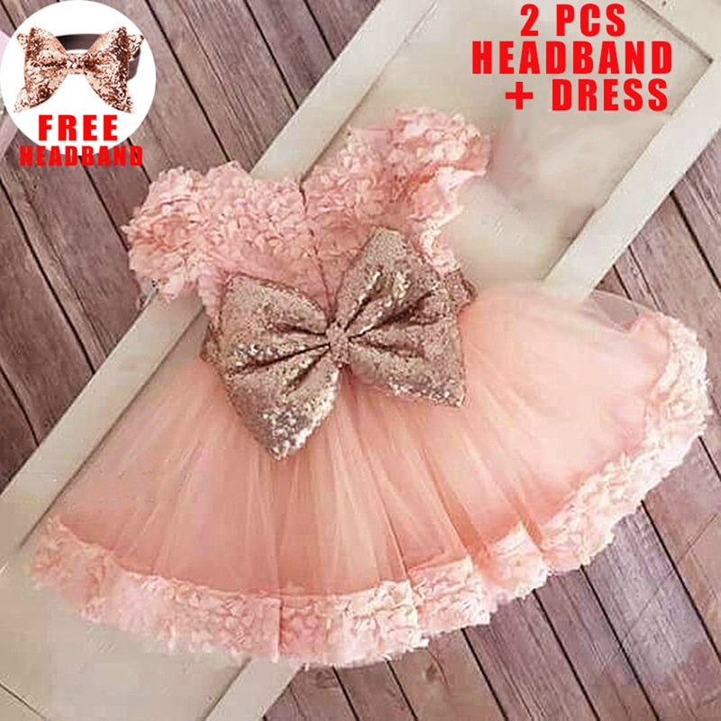 Infant Sequin Bow Dress for Girl Baby Christening First 1st Birthday Dress Party Baptism White Dresses for Baby Toddler Vestido