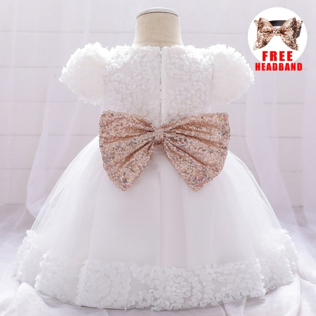 Infant Sequin Bow Dress for Girl Baby Christening First 1st Birthday Dress Party Baptism White Dresses for Baby Toddler Vestido