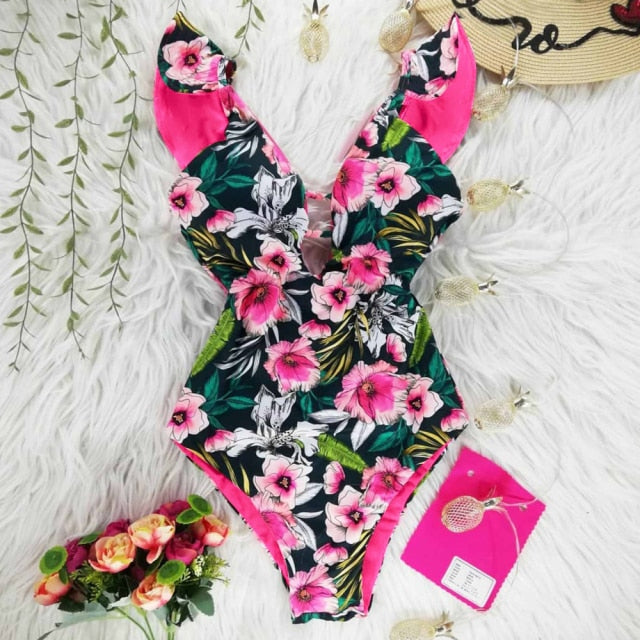 2021 New Sexy Ruffle Print Floral One Piece Swimsuit Off The Shoulder Swimwear Women Solid Deep-V Beachwear Bathing Suit Monkini