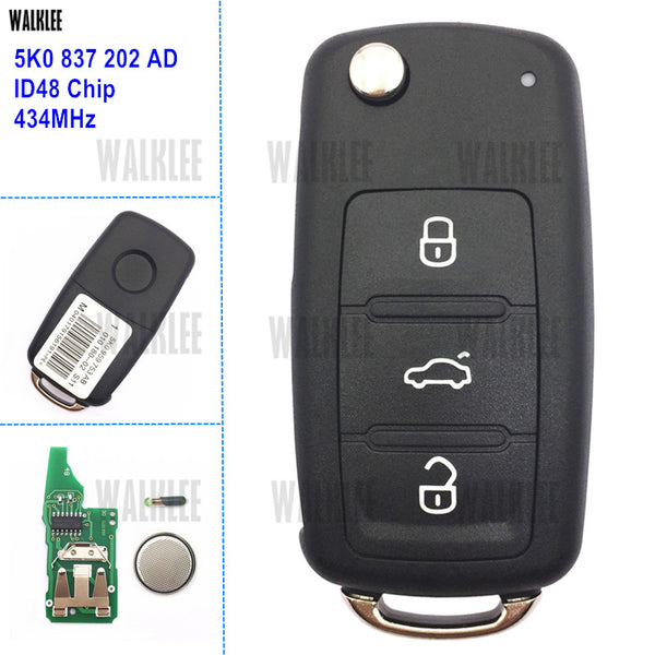 WALKLEE Remote Key for VW/VOLKSWAGEN 5K0837202AD Beetle/Caddy/Eos/Golf/Jetta/Polo/Scirocco/Tiguan/Touran/UP 5K0 837 202 AD 202AD