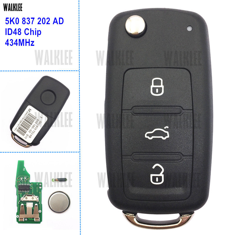 WALKLEE Remote Key for VW/VOLKSWAGEN 5K0837202AD Beetle/Caddy/Eos/Golf/Jetta/Polo/Scirocco/Tiguan/Touran/UP 5K0 837 202 AD 202AD