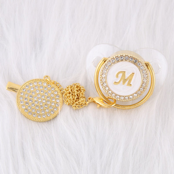 0-12 Month Luxury 26 Initial Rhinestone Transparent Bling Baby Pacifier Chain Clip Chupete Sucette BPA Free Dummy Nipple Soother