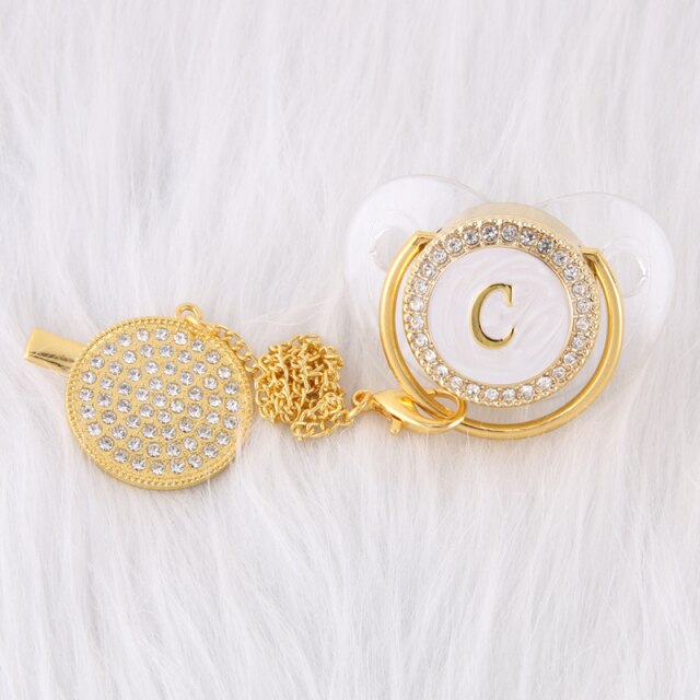 0-12 Month Luxury 26 Initial Rhinestone Transparent Bling Baby Pacifier Chain Clip Chupete Sucette BPA Free Dummy Nipple Soother