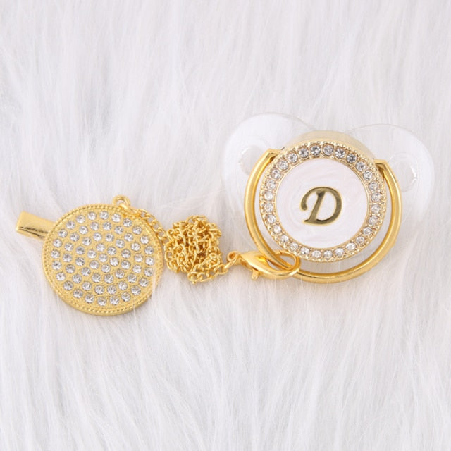0-12 Month Luxury 26 Initial Rhinestone Transparent Bling Baby Pacifier Chain Clip Chupete Sucette BPA Free Dummy Nipple Soother