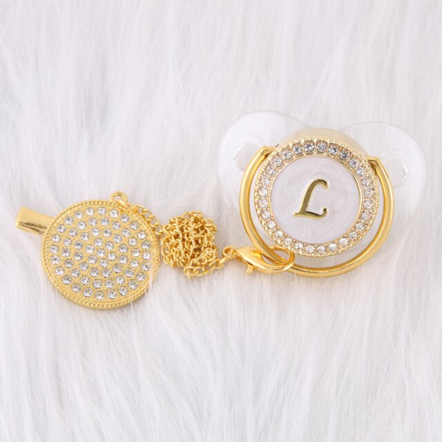 0-12 Month Luxury 26 Initial Rhinestone Transparent Bling Baby Pacifier Chain Clip Chupete Sucette BPA Free Dummy Nipple Soother