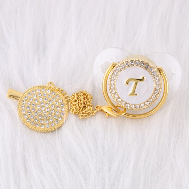 0-12 Month Luxury 26 Initial Rhinestone Transparent Bling Baby Pacifier Chain Clip Chupete Sucette BPA Free Dummy Nipple Soother