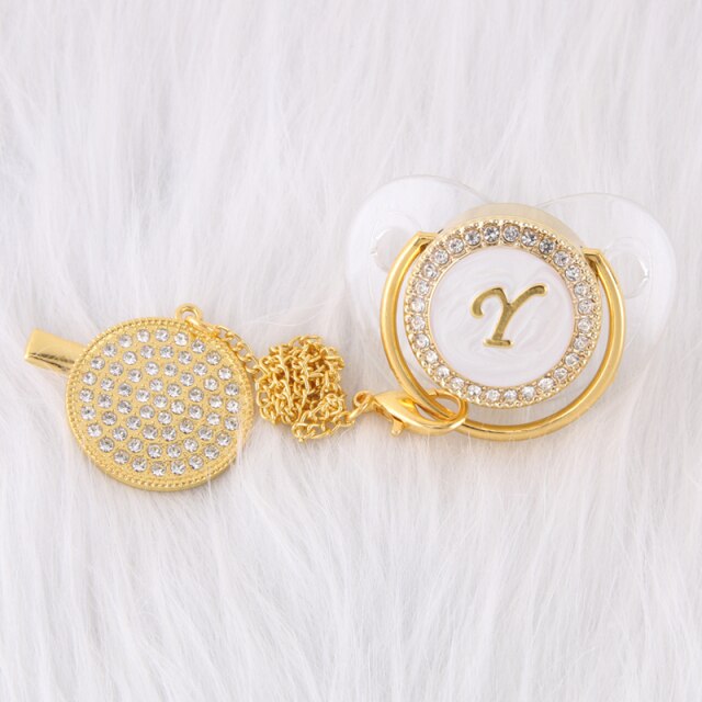 0-12 Month Luxury 26 Initial Rhinestone Transparent Bling Baby Pacifier Chain Clip Chupete Sucette BPA Free Dummy Nipple Soother