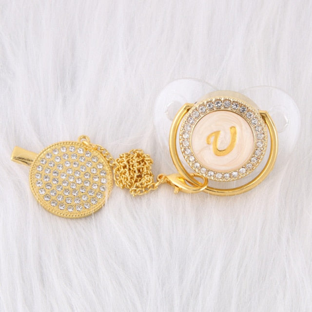 0-12 Month Luxury 26 Initial Rhinestone Transparent Bling Baby Pacifier Chain Clip Chupete Sucette BPA Free Dummy Nipple Soother
