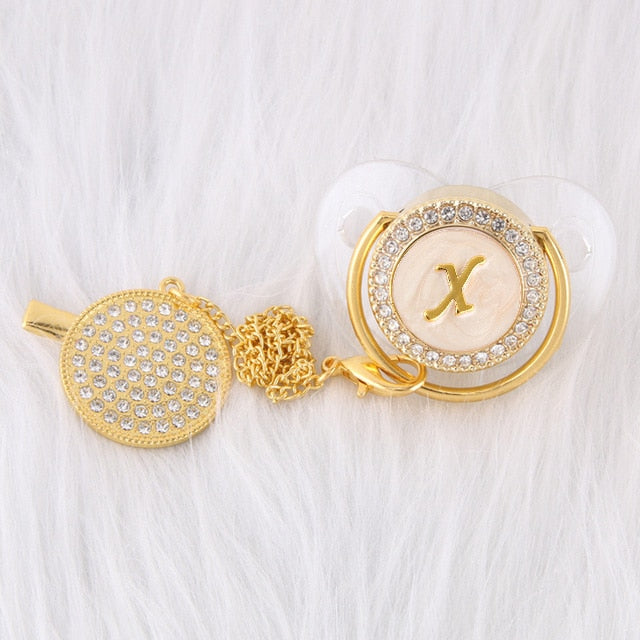 0-12 Month Luxury 26 Initial Rhinestone Transparent Bling Baby Pacifier Chain Clip Chupete Sucette BPA Free Dummy Nipple Soother