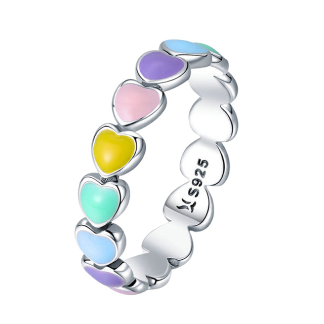 BAMOER 925 Sterling Silver Rainbow Heart Finger Ring for Girl, Women Stackable Silver Ring with Mini Hearts Trendy Party Jewelry