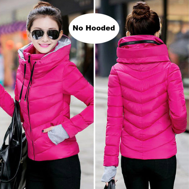 2021 Winter Jacket women Short Womens Parkas Thicken Outerwear solid hooded Coats Zipper Female Slim Cotton padded basic tops