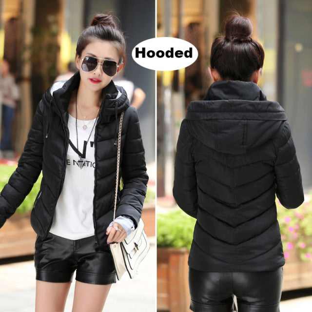 2021 Winter Jacket women Short Womens Parkas Thicken Outerwear solid hooded Coats Zipper Female Slim Cotton padded basic tops