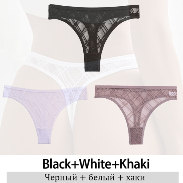 3Pcs/Lot Women Lace Mesh Briefs Sexy Transparent Underwear Low Waist Panties Lady Thongs M-2XL Girls Intimates Lingerie G-String