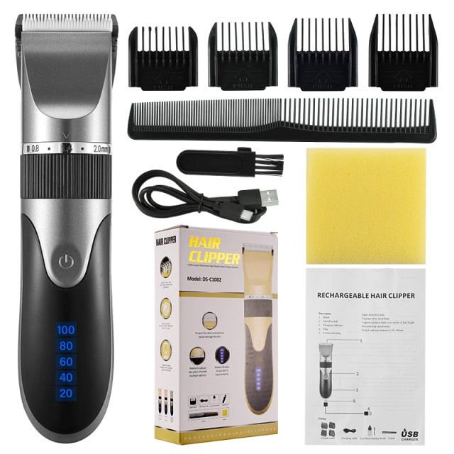 Professional Hair Clipper Men's Barber Beard Trimmer Rechargeable Hair Cutting Machine Ceramic Blade Low Noise Adult Kid Haircut