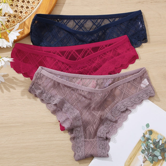 FINETOO 3Pcs/set Lace Panties Sexy Low-rise Brazilian Underwear Fashion Lattice Transparent Underpants M-2XL Sexy Panty Lingerie