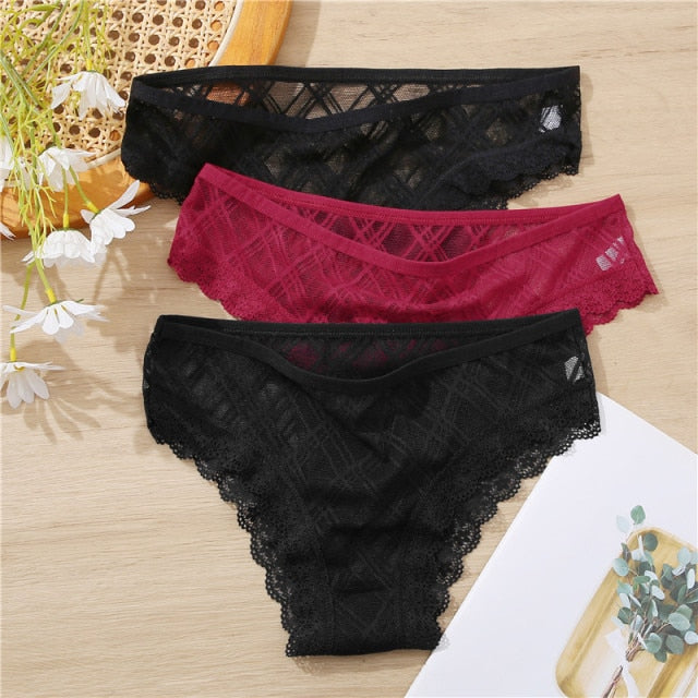 FINETOO 3Pcs/set Lace Panties Sexy Low-rise Brazilian Underwear Fashion Lattice Transparent Underpants M-2XL Sexy Panty Lingerie