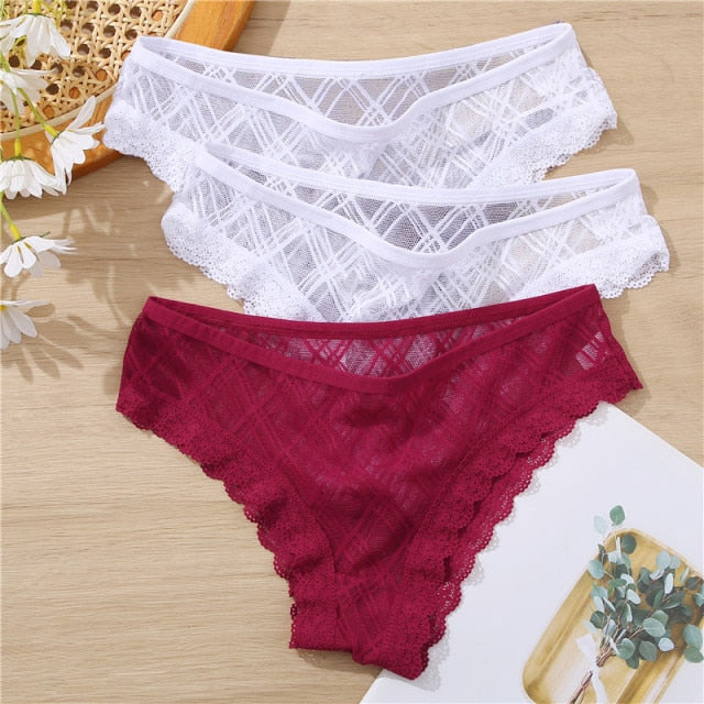FINETOO 3Pcs/set Lace Panties Sexy Low-rise Brazilian Underwear Fashion Lattice Transparent Underpants M-2XL Sexy Panty Lingerie