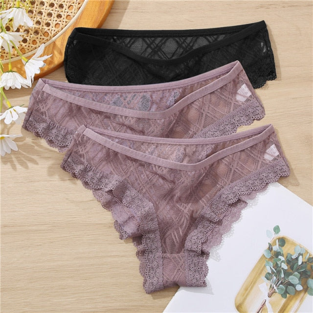FINETOO 3Pcs/set Lace Panties Sexy Low-rise Brazilian Underwear Fashion Lattice Transparent Underpants M-2XL Sexy Panty Lingerie
