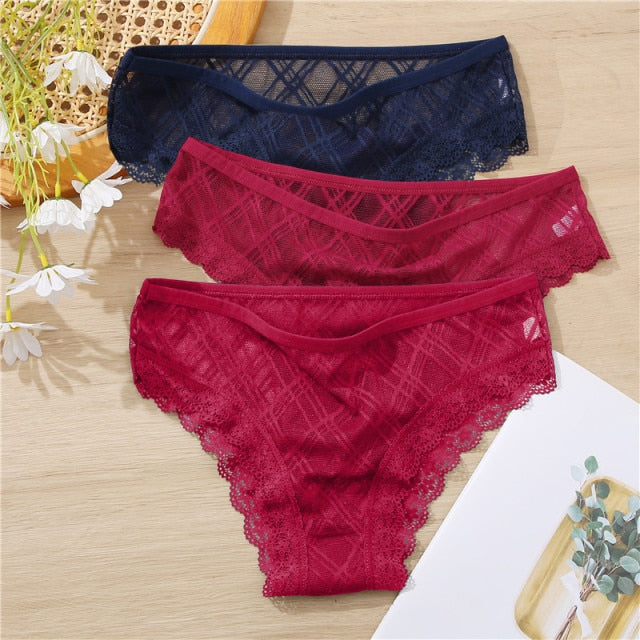 FINETOO 3Pcs/set Lace Panties Sexy Low-rise Brazilian Underwear Fashion Lattice Transparent Underpants M-2XL Sexy Panty Lingerie