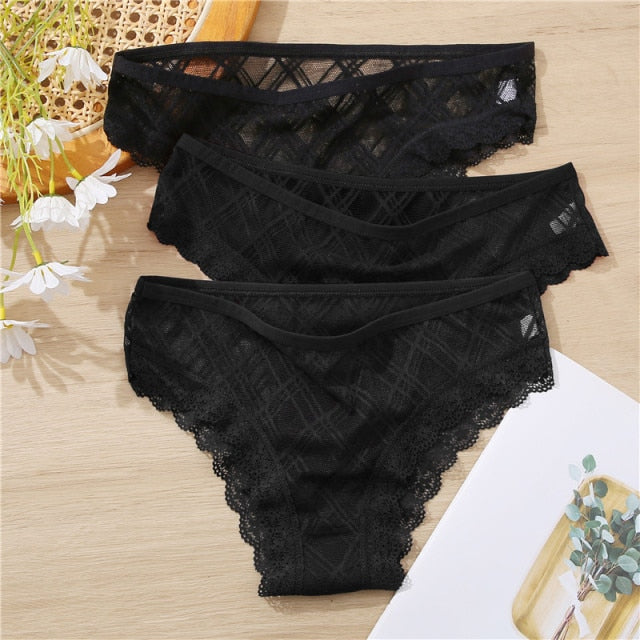 FINETOO 3Pcs/set Lace Panties Sexy Low-rise Brazilian Underwear Fashion Lattice Transparent Underpants M-2XL Sexy Panty Lingerie
