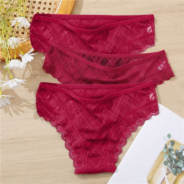 FINETOO 3Pcs/set Lace Panties Sexy Low-rise Brazilian Underwear Fashion Lattice Transparent Underpants M-2XL Sexy Panty Lingerie