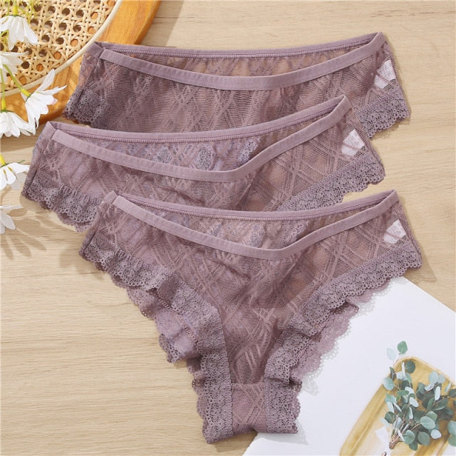FINETOO 3Pcs/set Lace Panties Sexy Low-rise Brazilian Underwear Fashion Lattice Transparent Underpants M-2XL Sexy Panty Lingerie