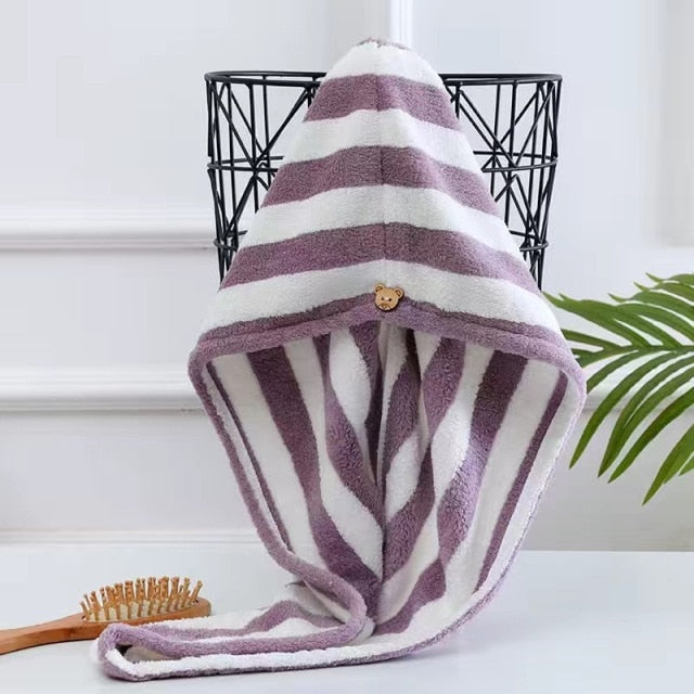 Dry Hair Cap Towel Absorbent Thickened Dry Hair Cap Bathroom Bath Dry Hair Cap Striped Shower Cap Soft Turban Striped Towel