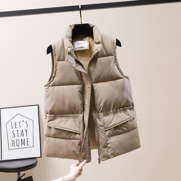 Solid Short Style Vest for Women Cotton Padded  Women's Winter Sleeveless Jacket with Zipper Stand Collar Casual Coats