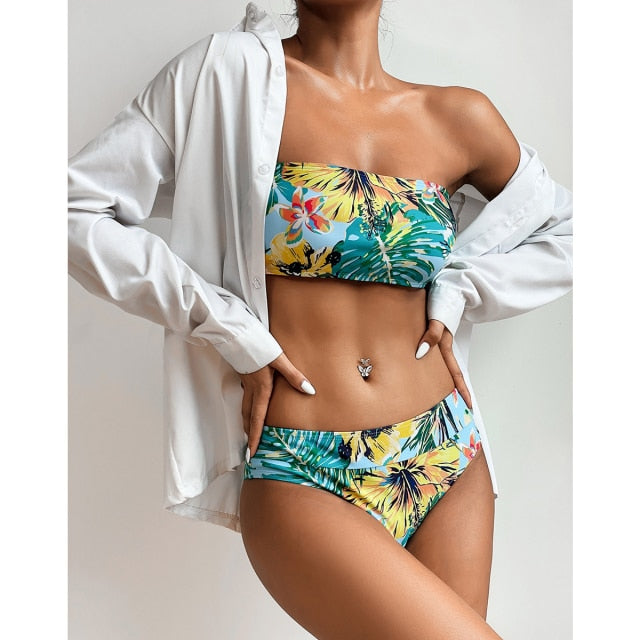 Miturn 2021 New FLoral Printed Low Waist Two Pieces Bikini Set Swimsuit Female Women Beachwear Swimwear Bather Bathing Suit