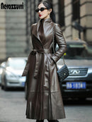 Nerazzurri Autumn Long Brown Black Soft Faux Leather Trench Coat for Women Belt Long Sleeve Skirted Elegant Luxury Fashion 2021
