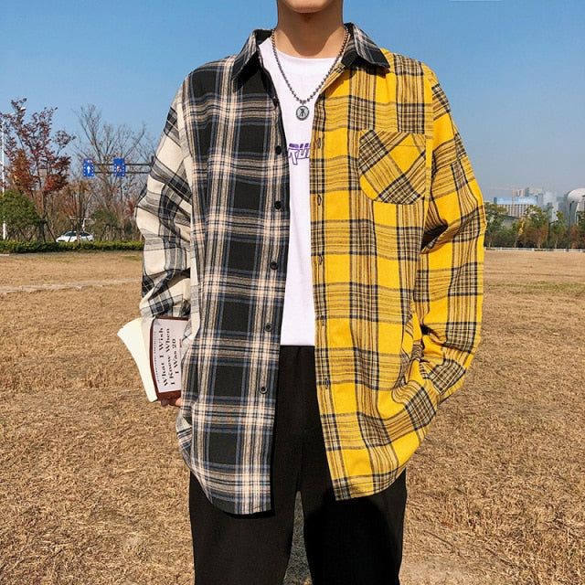 LAPPSTER Men Oversized Cotton Plaid Shirt 2021 Man Hip Hop Patchwork Button Up Long Sleeve Shirt Couple Korean Harajuku Clothing
